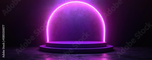 Modern purple neon arch on a futuristic platform