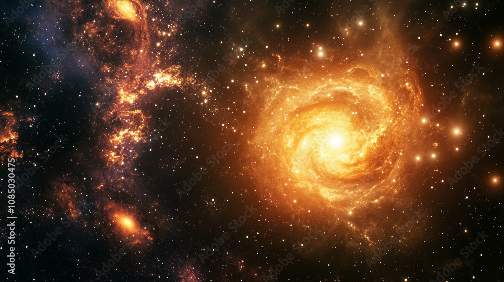 A luminous spiral galaxy in deep space surrounded by colorful cosmic formations in vast universe A luminous spiral galaxy in deep space surrounded by colorful cosmic formations in vast universe