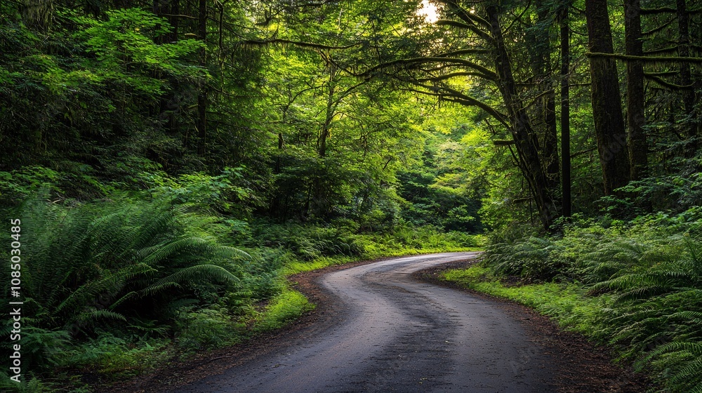 Obraz premium 27.A narrow, winding road cuts through the dense, towering redwood trees of the forest. The trees, standing like silent giants, create a tunnel of greenery, their branches stretching overhead. Light