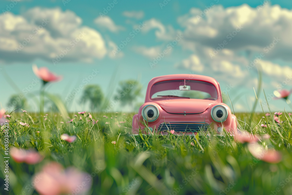 Beautiful fictional cartoon car with pronounced headlights Beautiful fictional cartoon car with pronounced headlights