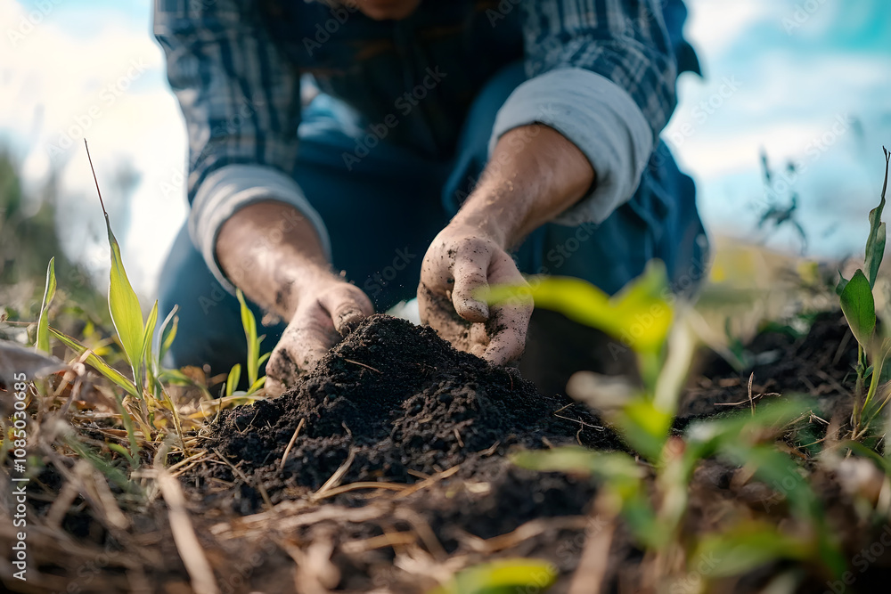 Fototapeta premium regenerative organic farmer, taking soil samples and looking at plant growth in a farm. practicing sustainable agriculture.
