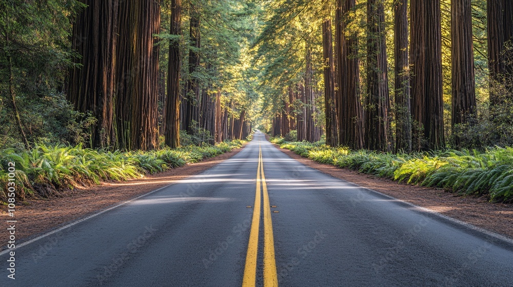 Fototapeta premium 30.A scenic drive through the Redwood National Forest, where the road is lined with majestic, centuries-old redwoods. The trees create a natural archway above the road, with soft sunlight streaming
