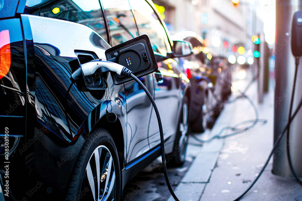 Power source for charging battery of beautiful electric car on road Power source for charging battery of beautiful electric car on road