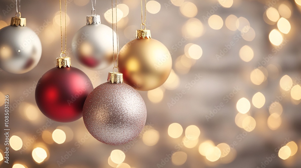 63.A set of glossy Christmas ornaments in rich shades of gold, silver, and crimson hanging against a softly blurred backdrop. The background is filled with twinkling lights and soft, glowing bokeh, 63.A set of glossy Christmas ornaments in rich shades of gold, silver, and crimson hanging against a softly blurred backdrop. The background is filled with twinkling lights and soft, glowing bokeh,