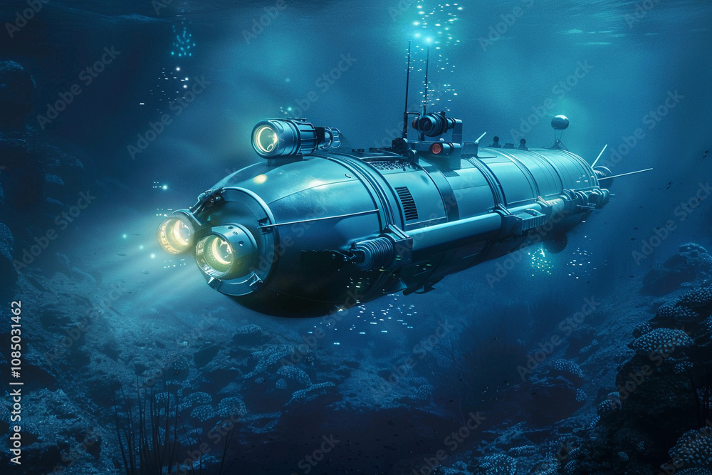 Fototapeta premium Beautiful large bathyscaphe floating in middle of ocean during exploration