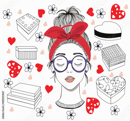 Cute woman or girl face and gifts illustration