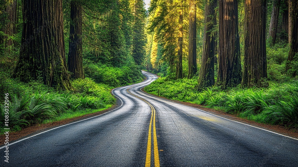 28.A tranquil scene of a two-lane road winding through the heart of the Redwood National Forest. The massive redwood trees tower over the road, their bark rough and textured, reaching up to the sky. 28.A tranquil scene of a two-lane road winding through the heart of the Redwood National Forest. The massive redwood trees tower over the road, their bark rough and textured, reaching up to the sky.