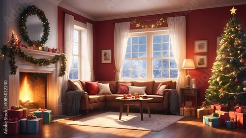 Christmas tree in the living, Cozy Christmas Living Room	

