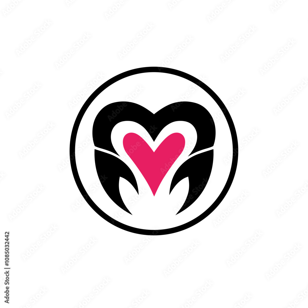 Abstract logo vector design forming the letter M with a combination of two crab claws and a heart symbol in a circle. Abstract logo vector design forming the letter M with a combination of two crab claws and a heart symbol in a circle.