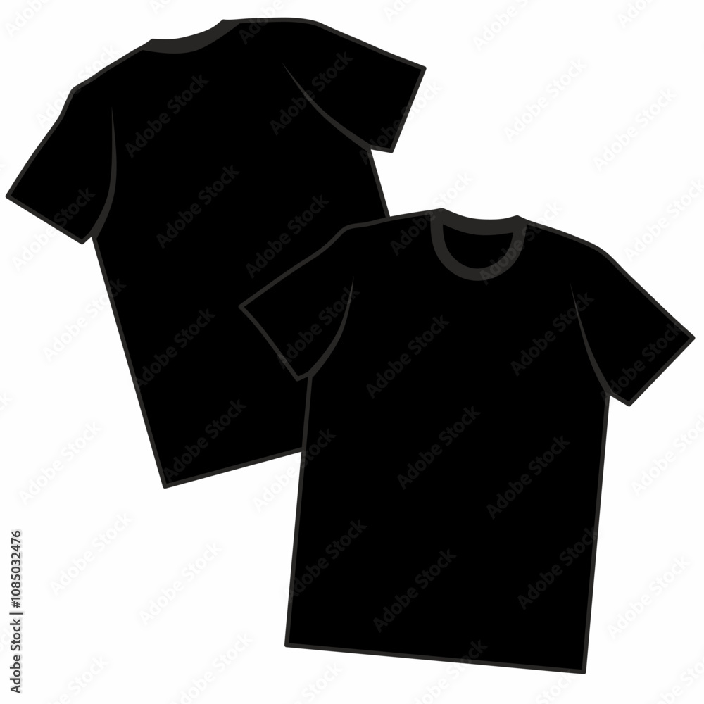 Vector illustration of a plain black t-shirt showing front and back views. Ideal for apparel design, branding and fashion projects. Vector illustration of a plain black t-shirt showing front and back views. Ideal for apparel design, branding and fashion projects.