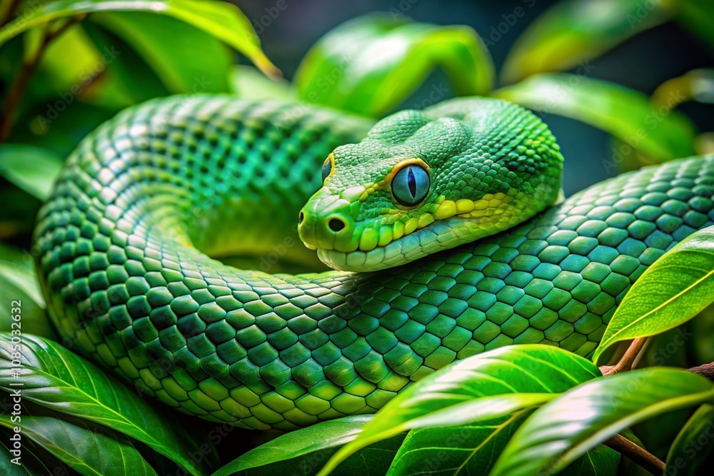 A green snake is curled up on a leaf A green snake is curled up on a leaf