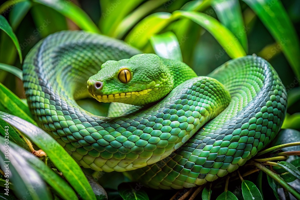 A green snake is curled up on a leaf A green snake is curled up on a leaf