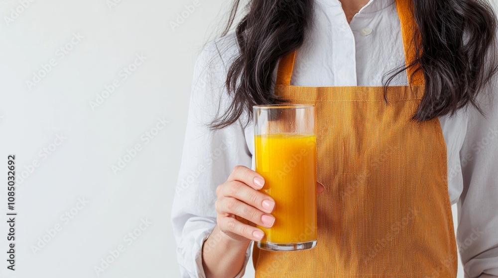 A person wearing an orange apron holds a glass of fresh orange juice in a bright kitchen setting during the morning hours A person wearing an orange apron holds a glass of fresh orange juice in a bright kitchen setting during the morning hours