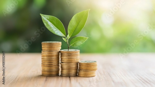 energy stock renewable infrastructure concept, A plant grows from stacked coins, symbolizing growth, investment, and sustainability in finance and ecology.