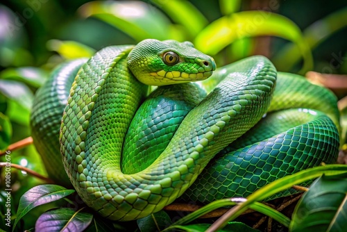 A green snake is curled up on a leaf