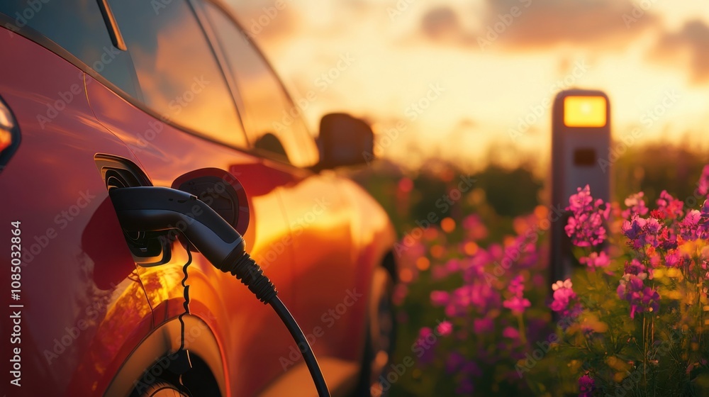 Close-up of an EV charging nozzle plugged into a car on a warm summer evening Close-up of an EV charging nozzle plugged into a car on a warm summer evening
