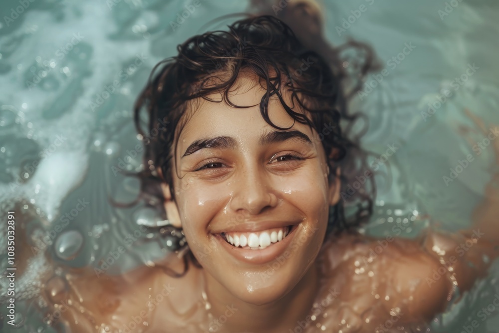 A happy person with curly hair is smiling while swimming in a pool.