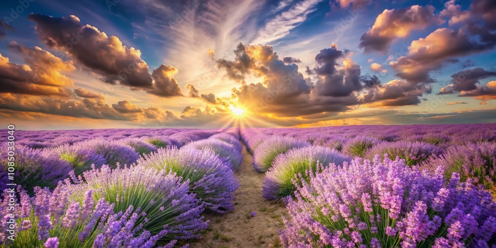 Fototapeta premium Ethereal Double Exposure of Lavender Flower Fields Merging with a Serene Summer Sky, Evoking Tranquility and Nature's Beauty in a Dreamlike Landscape