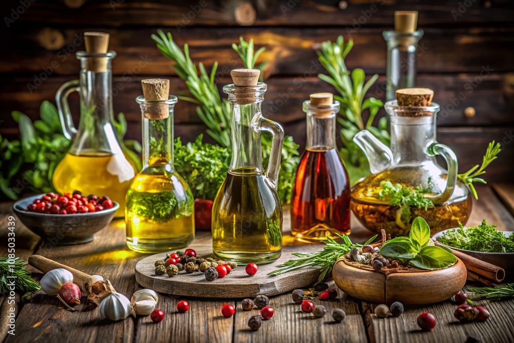 Exquisite Display of Olive Oil and Vinegar Bottles Surrounded by Fresh Herbs and Spices, Perfect for Culinary Enthusiasts and Home Cooks Exquisite Display of Olive Oil and Vinegar Bottles Surrounded by Fresh Herbs and Spices, Perfect for Culinary Enthusiasts and Home Cooks