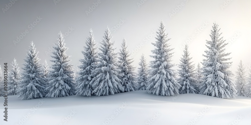 Fototapeta premium Snow-covered pine trees on a chilly evening. Generative Ai