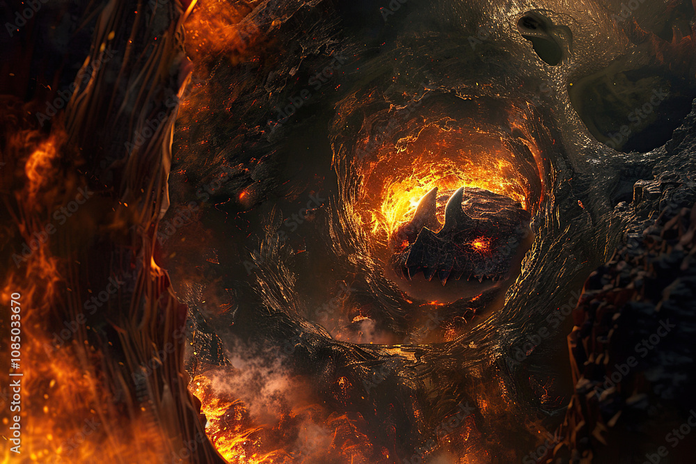 Scary sinister devil is in hell with dramatic fire lighting Scary sinister devil is in hell with dramatic fire lighting