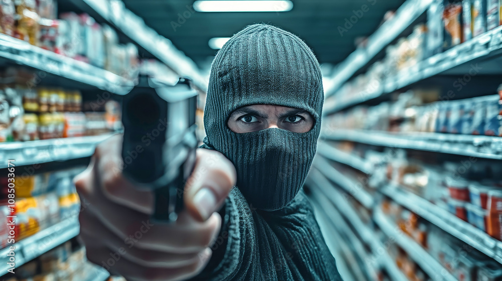 A masked man points a gun during a grocery store robbery captured in ultra-realistic detail in a dimly lit aisle A masked man points a gun during a grocery store robbery captured in ultra-realistic detail in a dimly lit aisle