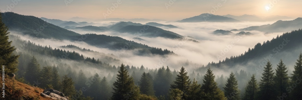 Obraz premium Beautiful mountain view with forests and rocks Covered with Foggy. Foggy Morning Landscape