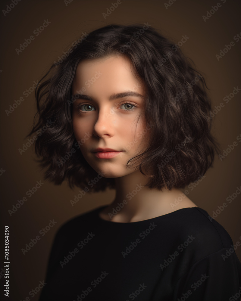 Natural Beauty Shot of a Woman with Shoulder-Length Hair and Gentle Lighting Natural Beauty Shot of a Woman with Shoulder-Length Hair and Gentle Lighting