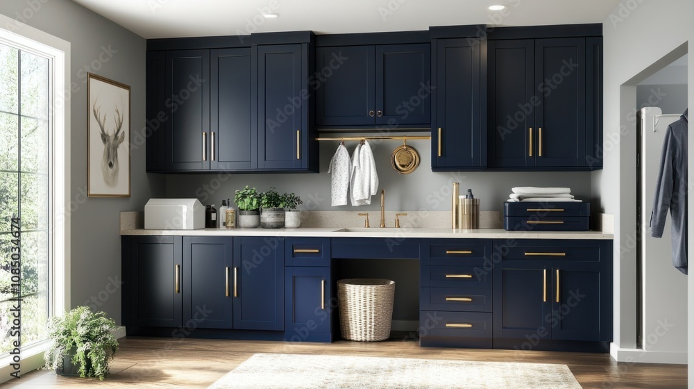 Fototapeta premium Chic laundry room with dark blue cabinets, folding station, and gold hardware