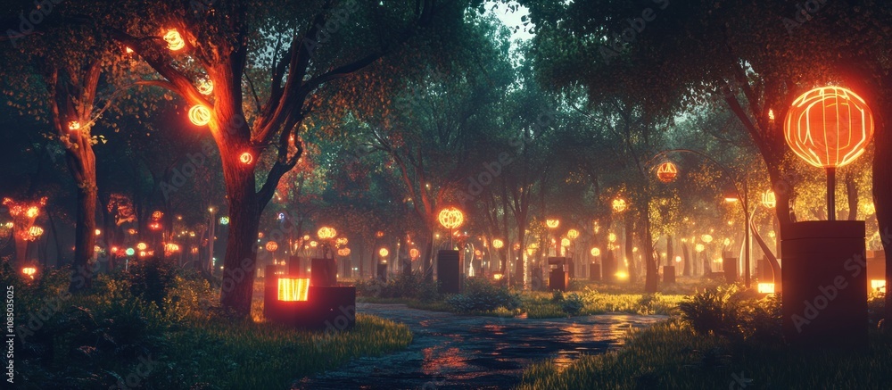 Obraz premium Enchanting path through a mystical forest at night, illuminated by glowing lanterns.