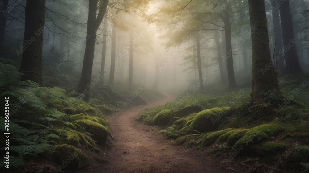 Obraz premium Misty forest path leads to a mysterious adventure