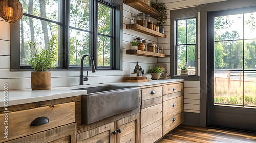 farmhouse style kitchen with rustic wood cabinets and open shelves creates cozy, inviting atmosphere. Large windows offer natural light, enhancing warm, earthy tones. 