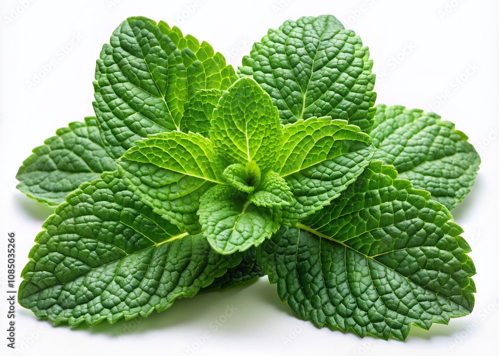 Fresh Mint Leaves Isolated on a White Background with Rule of Thirds Composition for Culinary and Herbal Use in Cooking, Beverages, and Natural Remedies