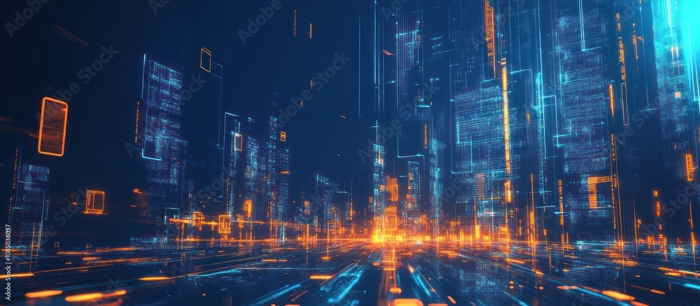 Fototapeta premium Futuristic cityscape with glowing digital buildings and streets.