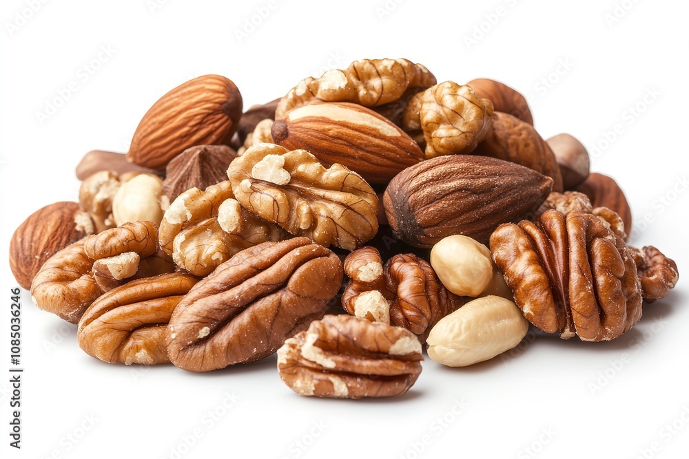 Almonds, walnuts, pecans, and mixed nuts on a white backdrop. Generative Ai Almonds, walnuts, pecans, and mixed nuts on a white backdrop. Generative Ai