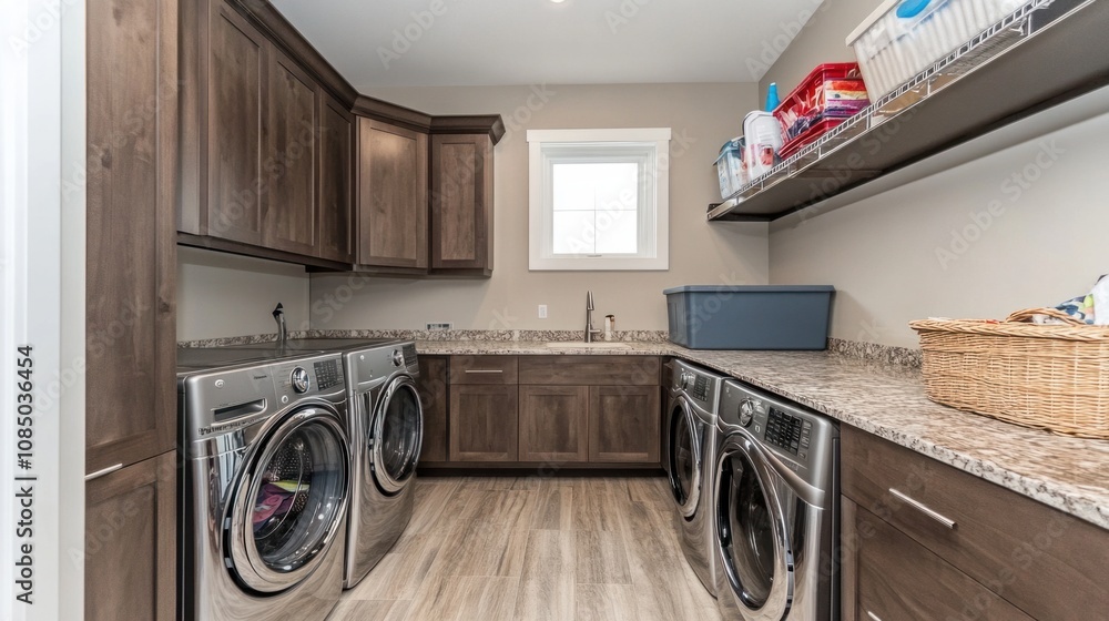 Functional laundry room with organized cabinets, folding station, and hanging space Functional laundry room with organized cabinets, folding station, and hanging space