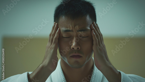 Asian male Judo athletes. Martial arts athletes of East Asian origin, including Judo, Karate, and Taekwondo. Copy space. Struggling with head in hands. photo