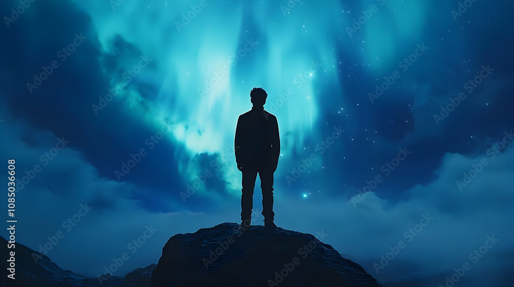 Silhouette of a Man Standing on a Mountaintop with the Aurora Borealis in the Background - Illustration Silhouette of a Man Standing on a Mountaintop with the Aurora Borealis in the Background - Illustration