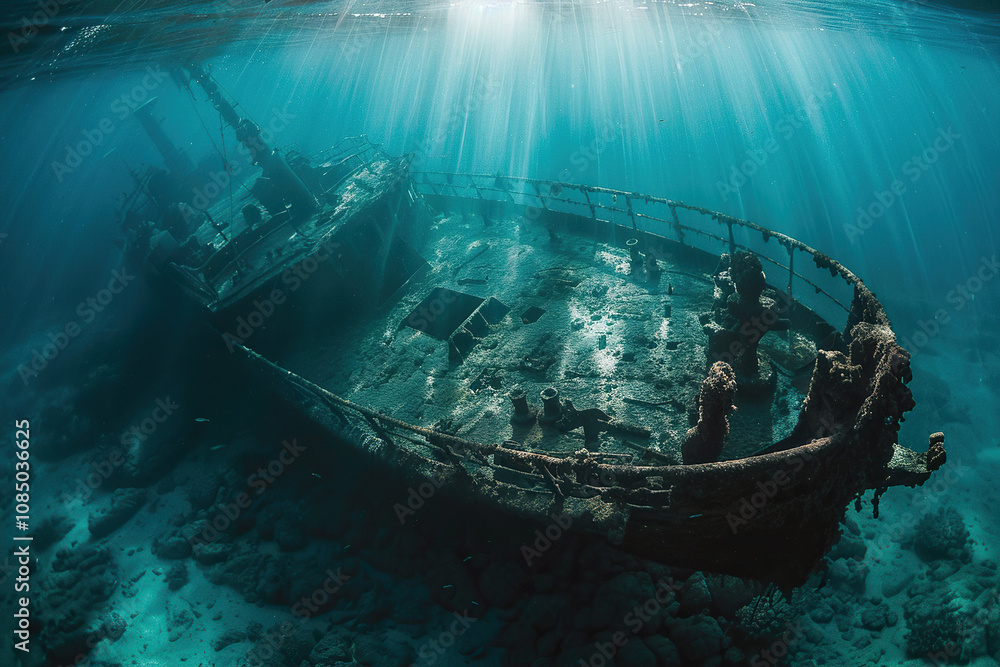 Underwater view of an sunken ship on seabed with fish swimming around Underwater view of an sunken ship on seabed with fish swimming around