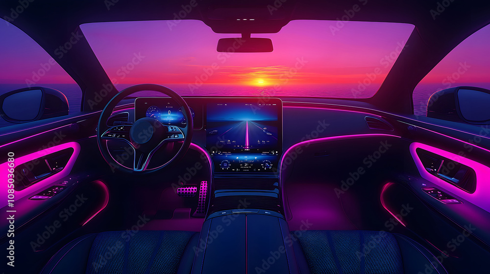 Family summer road trip from the backseat view with an endless road and radiant sunset, travel theme, 3D render