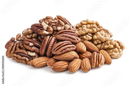 Almonds, walnuts, pecans, and mixed nuts on a white backdrop. Generative Ai