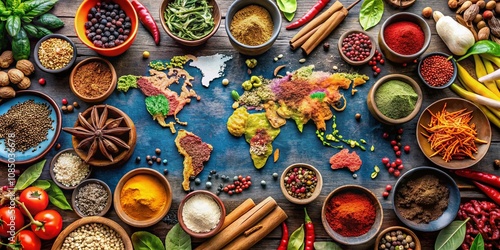 Fototapeta Naklejka Na Ścianę i Meble -  Global Culinary Exchange: A Visual Representation of International Trade and Cultural Interconnections Through Diverse Food Ingredients and Dishes from Around the World