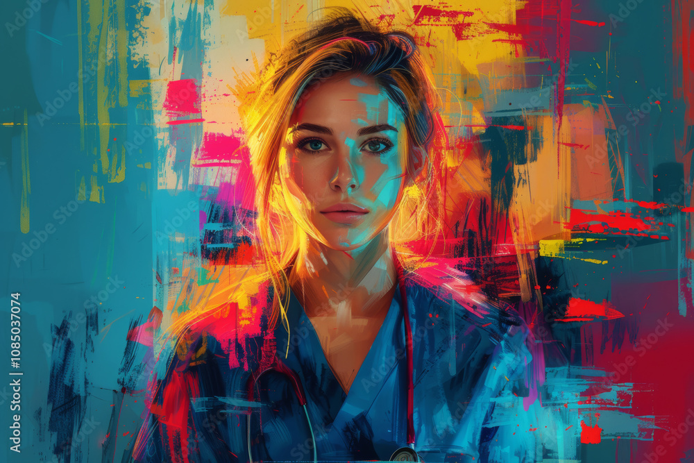 Artistic portrait of female doctor in scrubs with stethoscope, set against vibrant abstract background of bold colors, symbolizing blend of professionalism and creativity in healthcare Artistic portrait of female doctor in scrubs with stethoscope, set against vibrant abstract background of bold colors, symbolizing blend of professionalism and creativity in healthcare