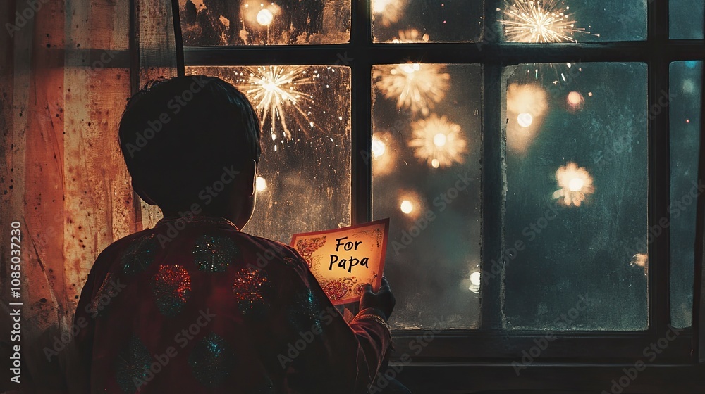 back view and Over shoulder view of indian young boy in diwali dress (age 7-8) sitting by the side of window and reading a diwali card which have back view and Over shoulder view of indian young boy in diwali dress (age 7-8) sitting by the side of window and reading a diwali card which have