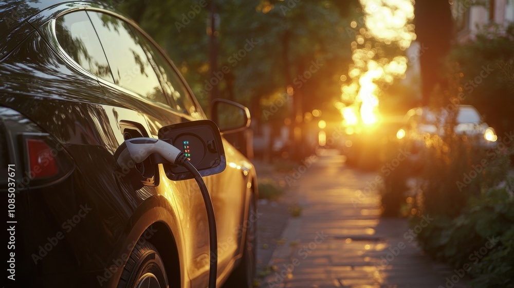 Close-up of an EV charging nozzle plugged into a car on a warm summer evening Close-up of an EV charging nozzle plugged into a car on a warm summer evening