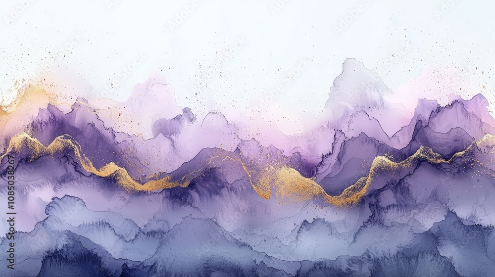 Abstract watercolor landscape featuring soft purple mountains with gold accents. Abstract watercolor landscape featuring soft purple mountains with gold accents.