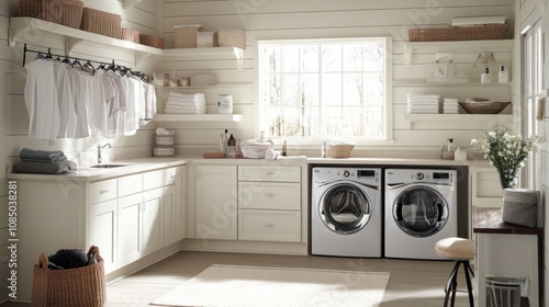 Spacious laundry room with clean white cabinets, storage, and ironing station, bright space