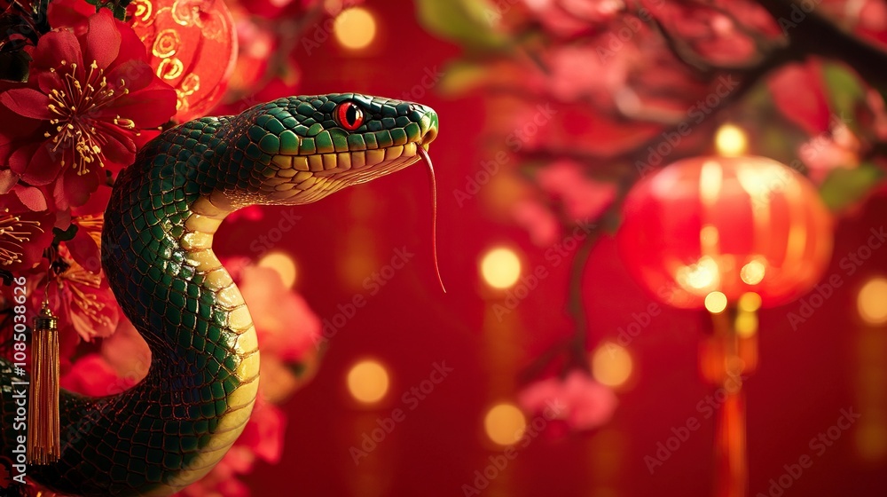 Green snake, red background, lanterns and flowers, Chinese New Year concept. Green snake, red background, lanterns and flowers, Chinese New Year concept.