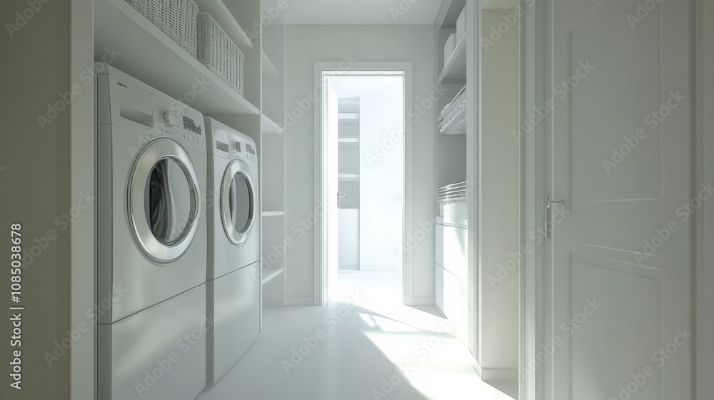 White and bright laundry room with a stacked washer-dryer and storage shelves White and bright laundry room with a stacked washer-dryer and storage shelves