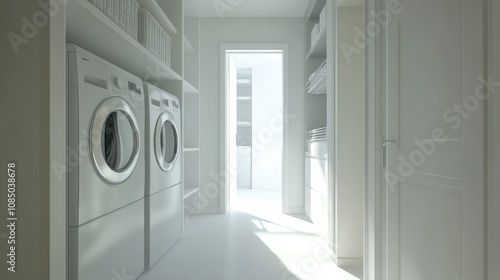 White and bright laundry room with a stacked washer-dryer and storage shelves